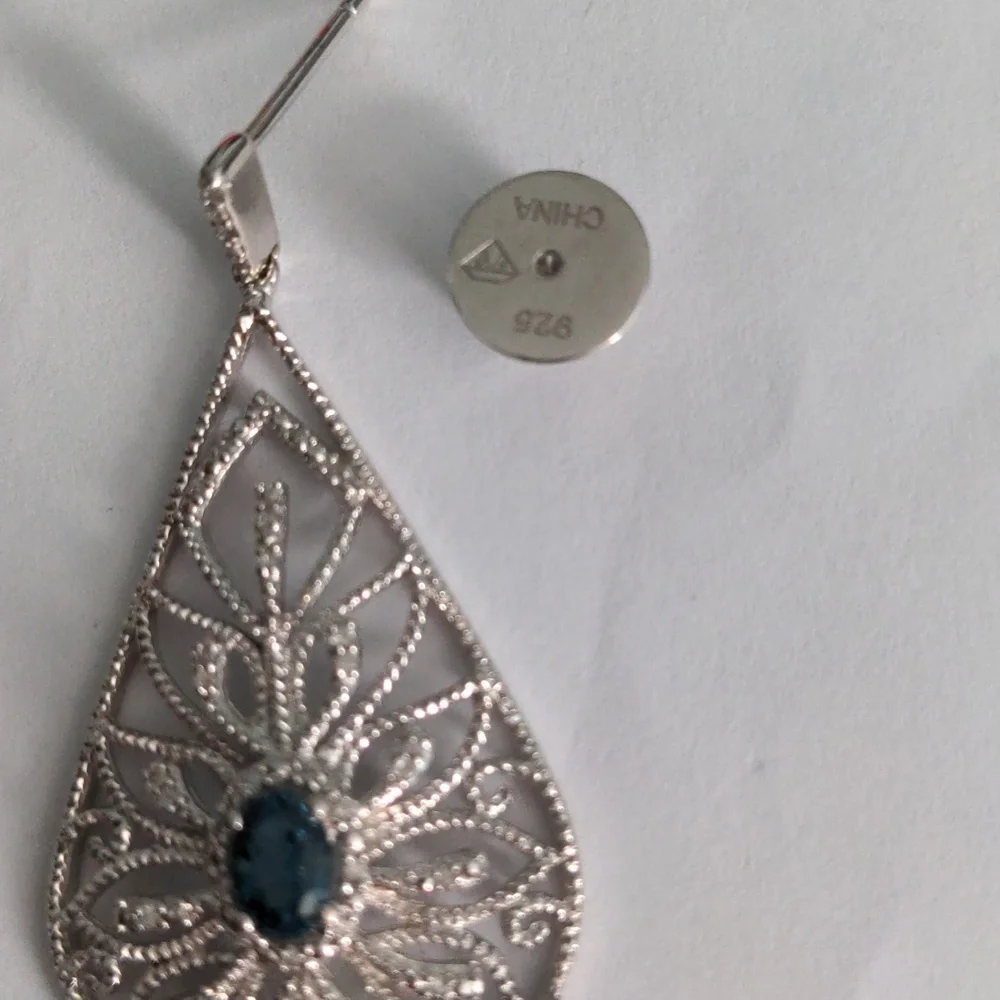 London Blue Sterling Silver Teardrop Earrings, Sparkling  Gemstone Filagree, New